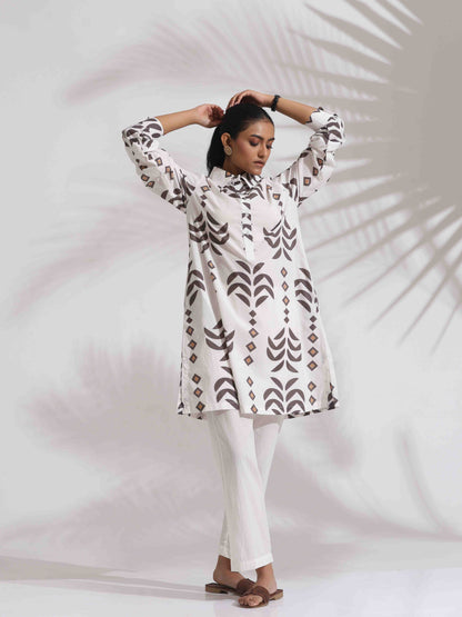 trueBrowns White Cotton Stripe Print Kurta Co-ord Set - Distacart