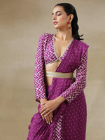 Thumbnail for trueBrowns Purple Bandhani Printed Silk Ready to Wear Saree with Belt - Distacart