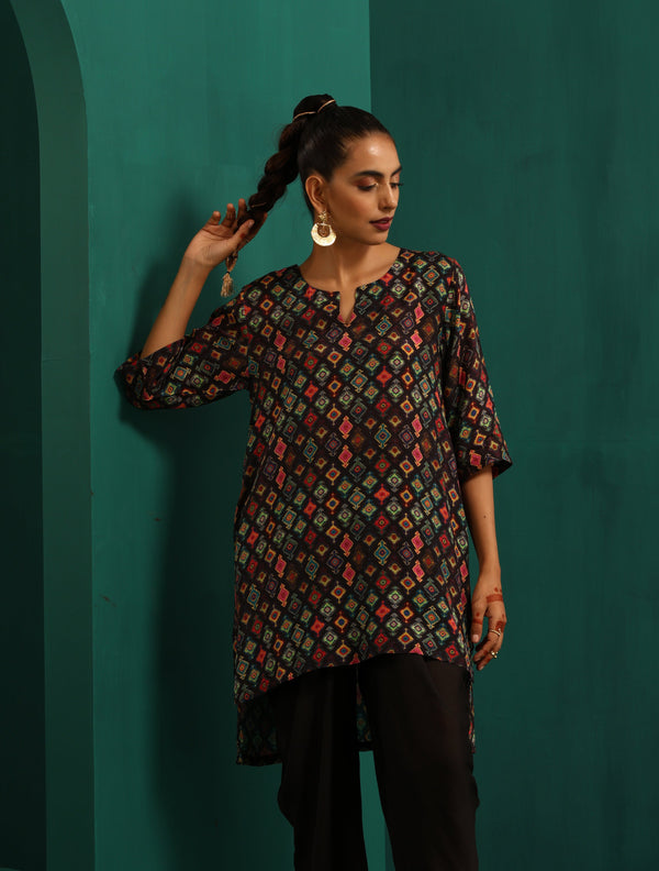 trueBrowns Black Ikat Muslin Silk Printed High Low Co-ord Set - Distacart