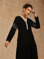 Thumbnail for trueBrowns Black Velvet Sleeve Embroidered Kurta - Distacart