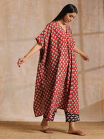 Thumbnail for trueBrowns Rust Red Bagru Floral Print Cotton Panel Kaftan Kurta Pant Set - Distacart