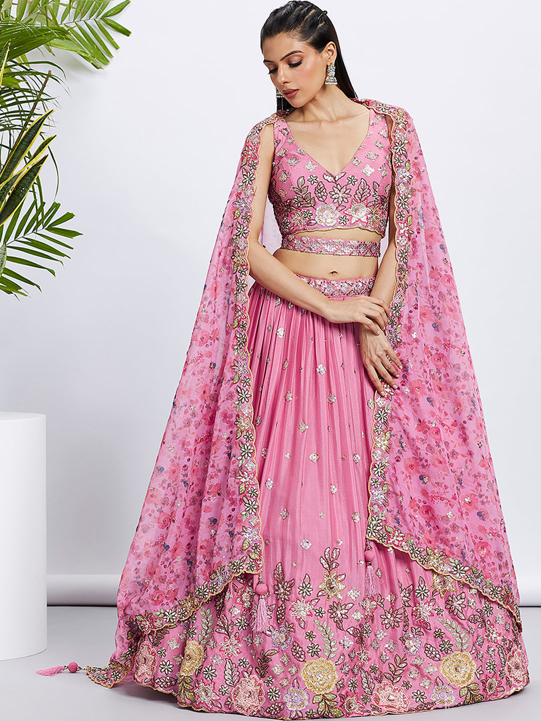 House of Panchhi Lime Green Chiffon Sequins And Thread Embroidery Lehenga Choli & Dupatta - Distacart