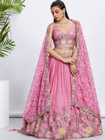 Thumbnail for House of Panchhi Lime Green Chiffon Sequins And Thread Embroidery Lehenga Choli & Dupatta - Distacart