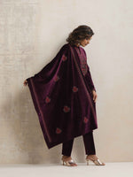 Thumbnail for trueBrowns Purple Velvet Floral Embroidered Kurta Pant Dupatta Set