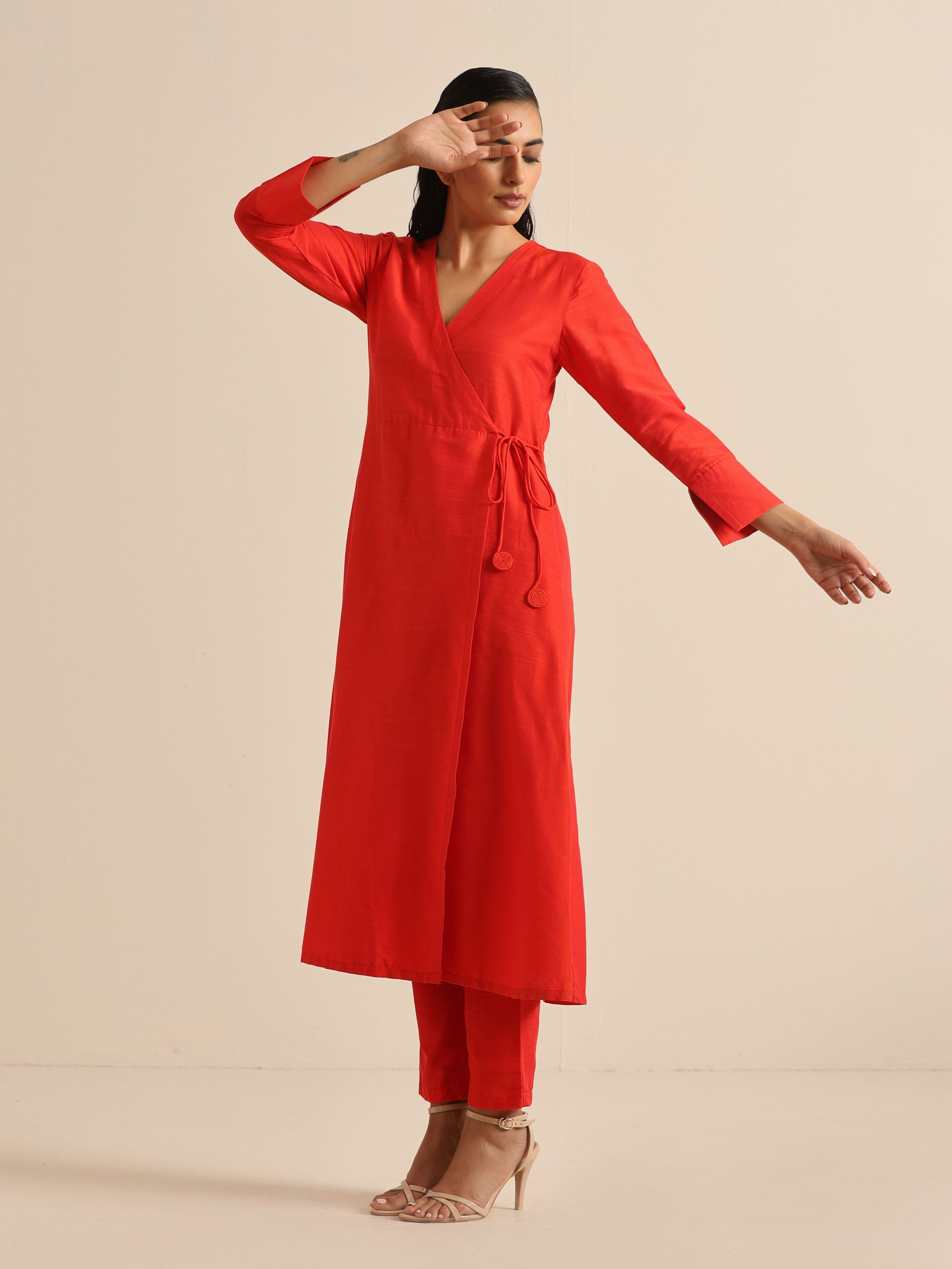 trueBrowns Orange Dupion Blend Angrakha Kurta Pant Set - Distacart