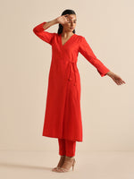 Thumbnail for trueBrowns Orange Dupion Blend Angrakha Kurta Pant Set - Distacart