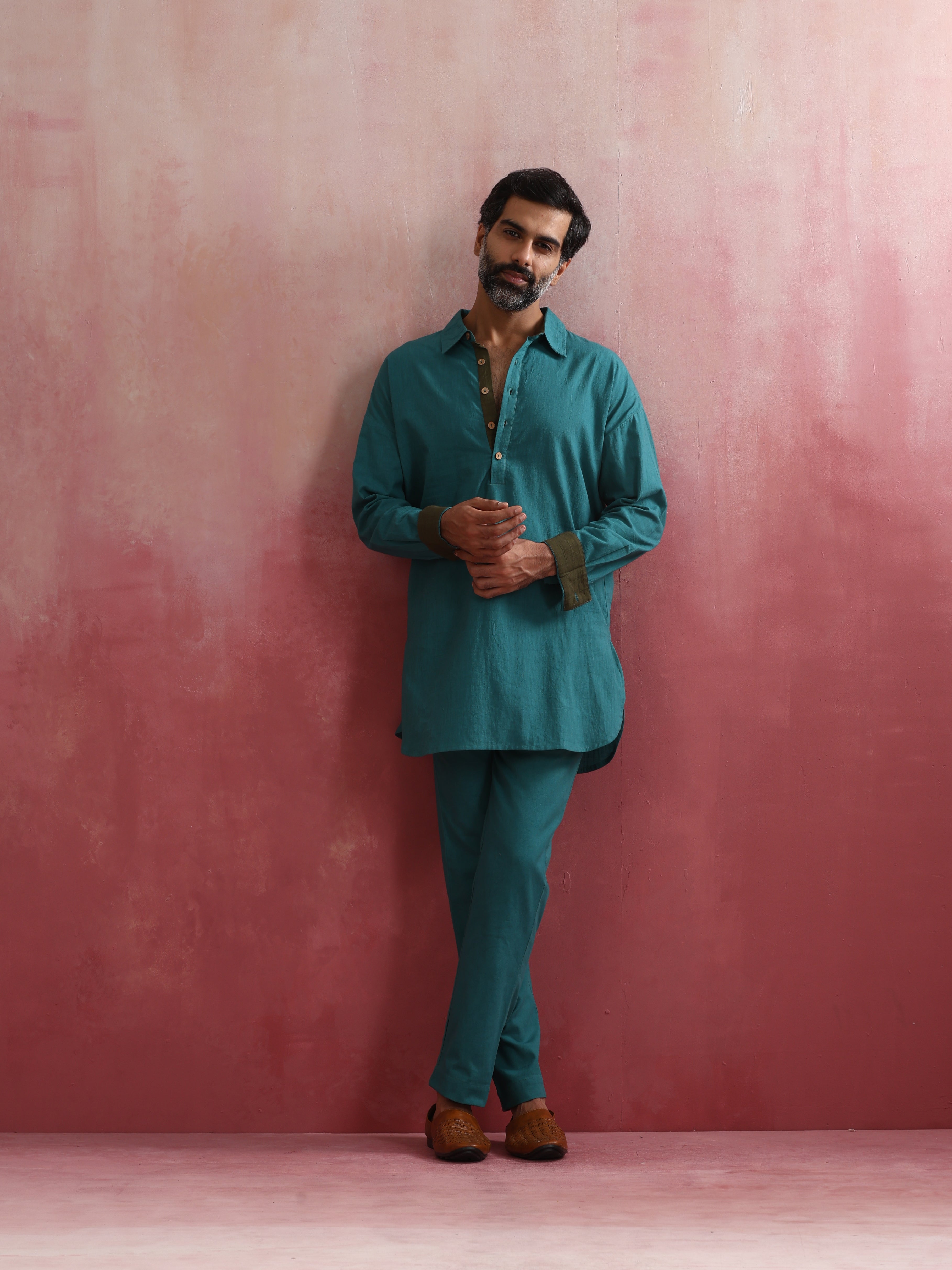 trueBrowns Men's Teal Cotton Shirt Collar Stylized Kurta Co-ord set