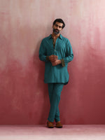 Thumbnail for trueBrowns Men's Teal Cotton Shirt Collar Stylized Kurta Co-ord set
