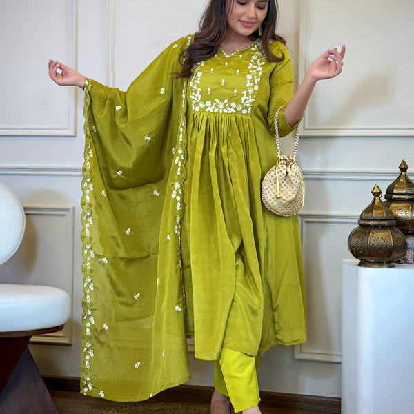 The52 Women's Gorgeous Chinon Embroidery Straight Kurta with Pant And Dupatta Set - Distacart