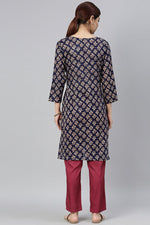 Thumbnail for Ahika Women Navy Blue & Beige Ethnic Motifs Printed Kurta - Distacart
