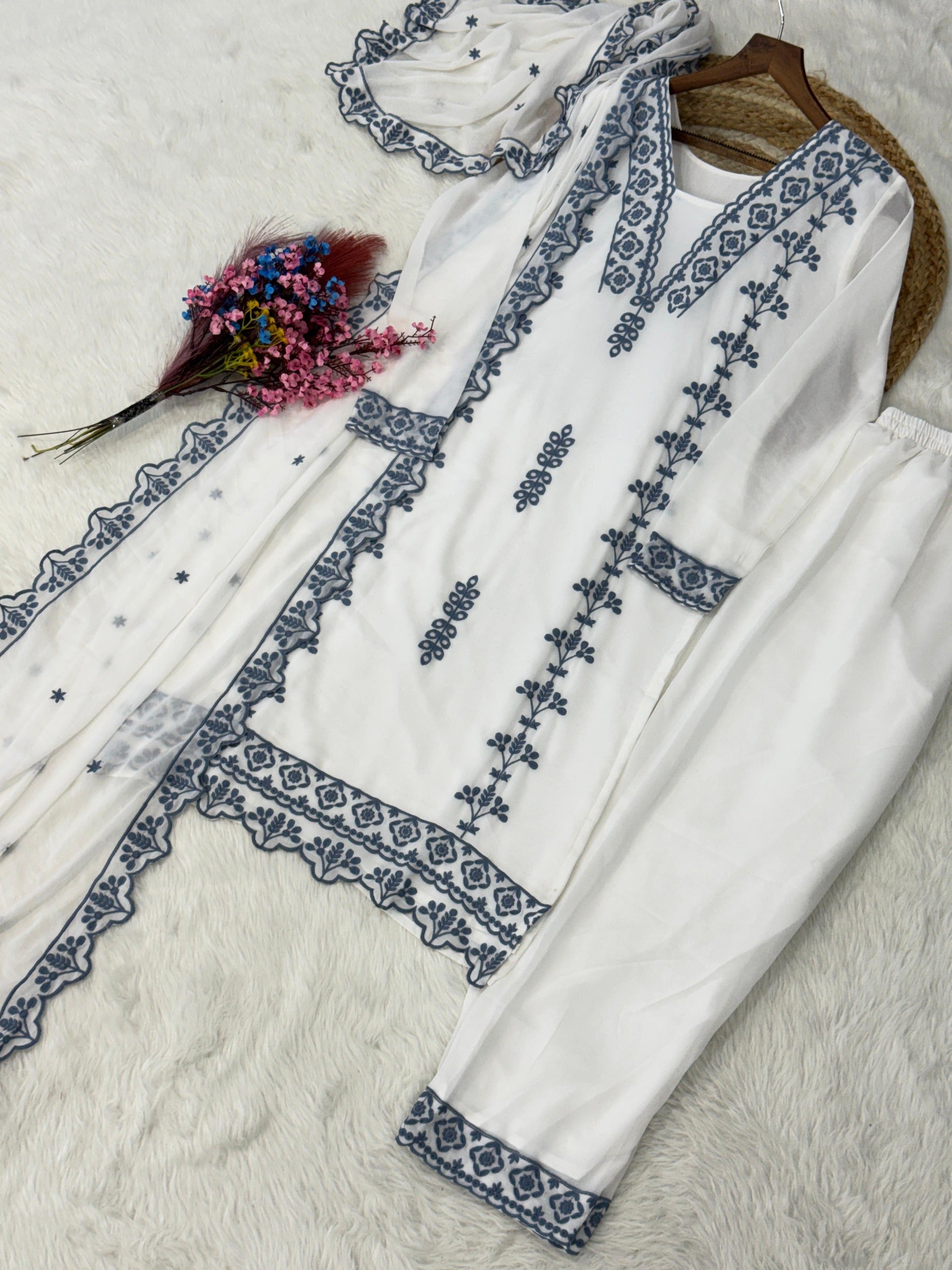 Anaita Blue&White Georgette Readymade Suit with Thread Embroidery Work - Dista