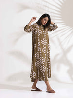 Thumbnail for trueBrowns Olive Green Cotton Print Shirt Dress