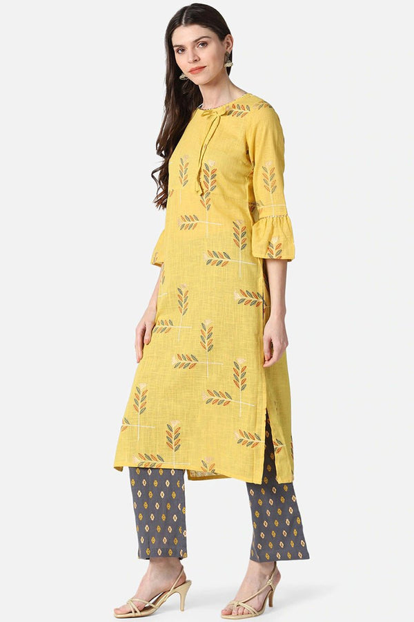 Ahika Yellow Cotton Ethnic Motifs Kurta Set - Distacart