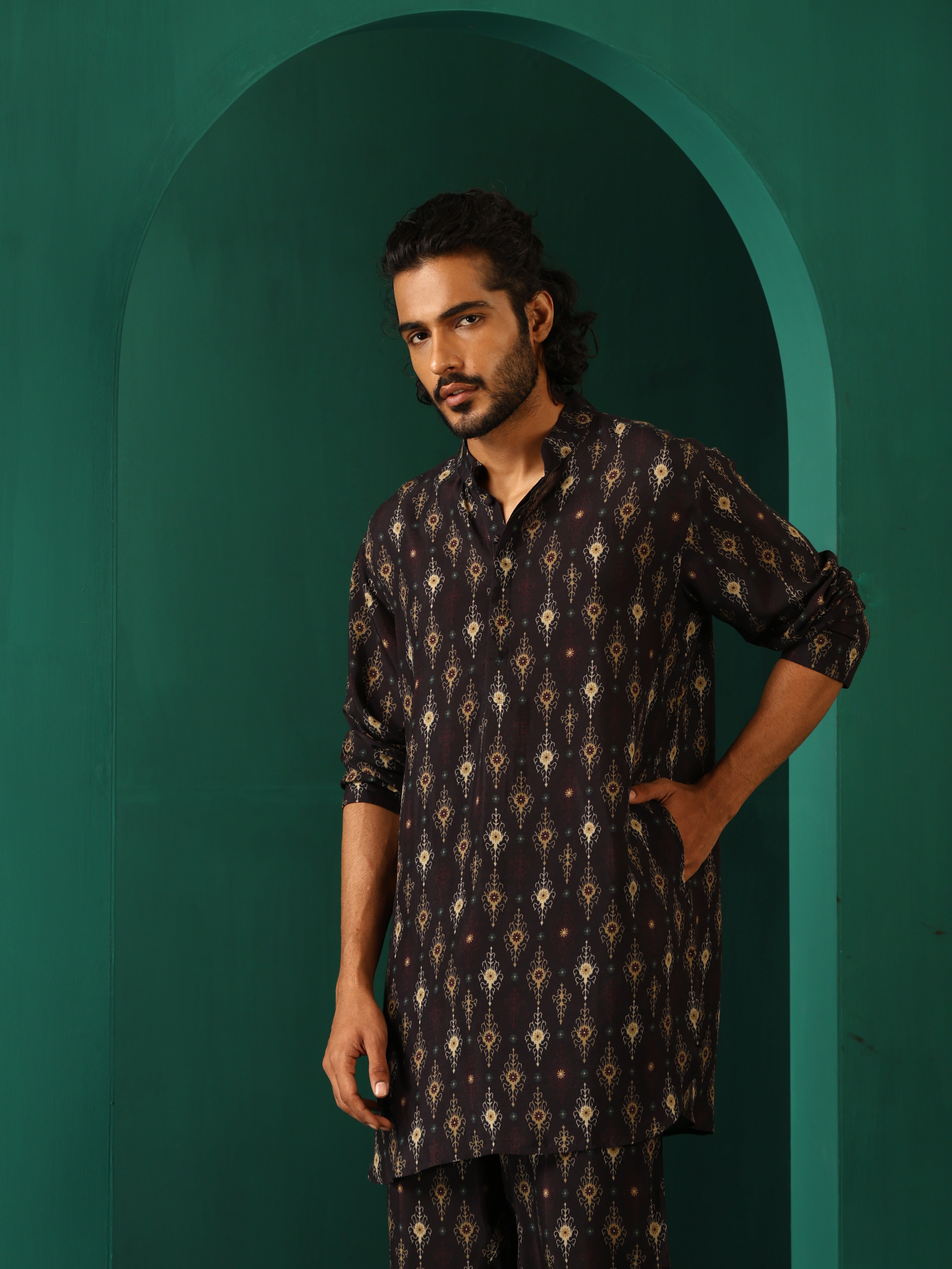 trueBrowns Men's Black Tonal Ikat Muslin Silk Printed Co-ord Set - Distacart