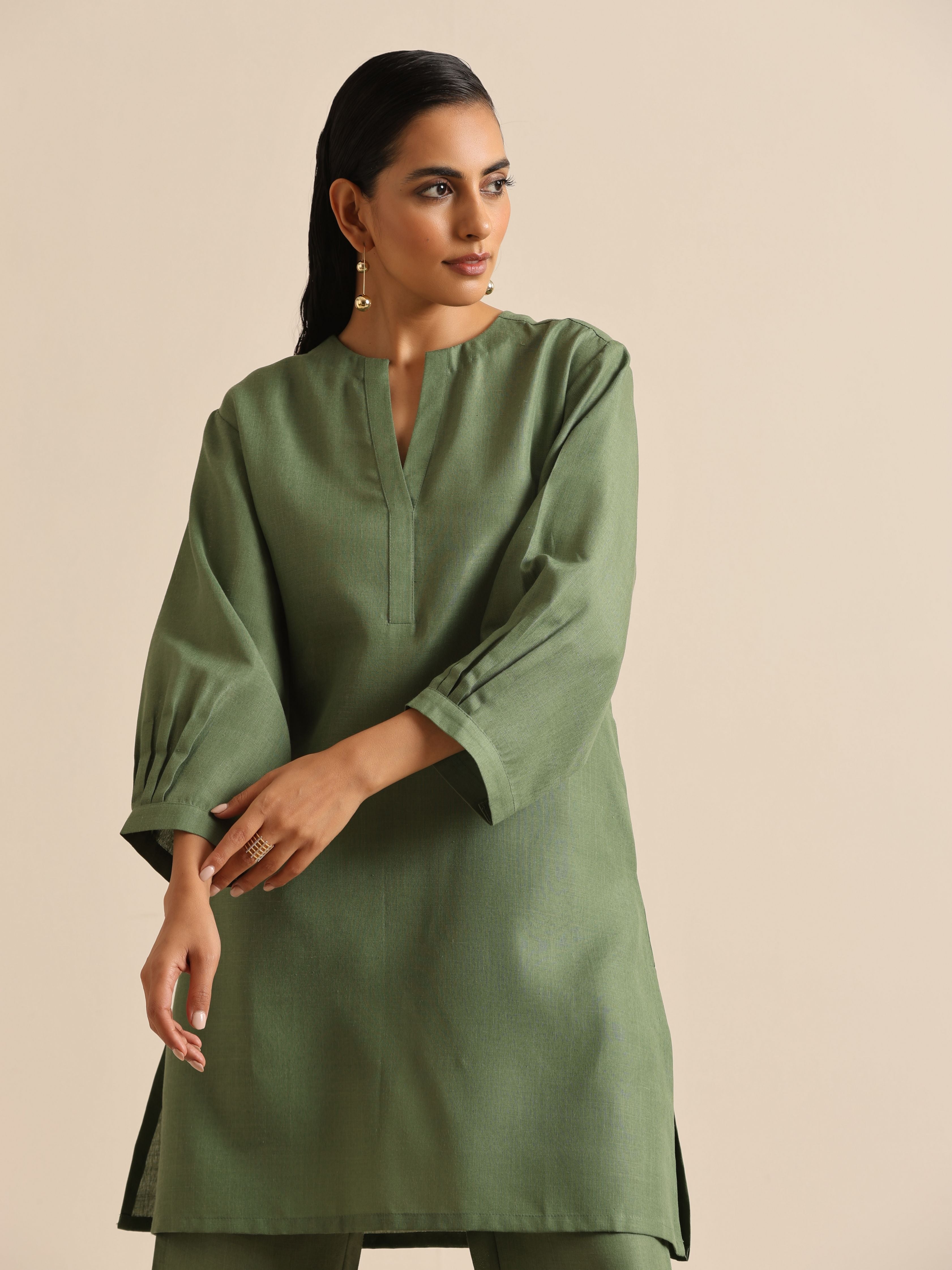 trueBrowns Olive Green Slub Relaxed Placket Co-Ord Set - Distacart