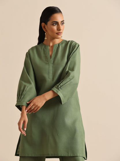 trueBrowns Olive Green Slub Relaxed Placket Co-Ord Set - Distacart