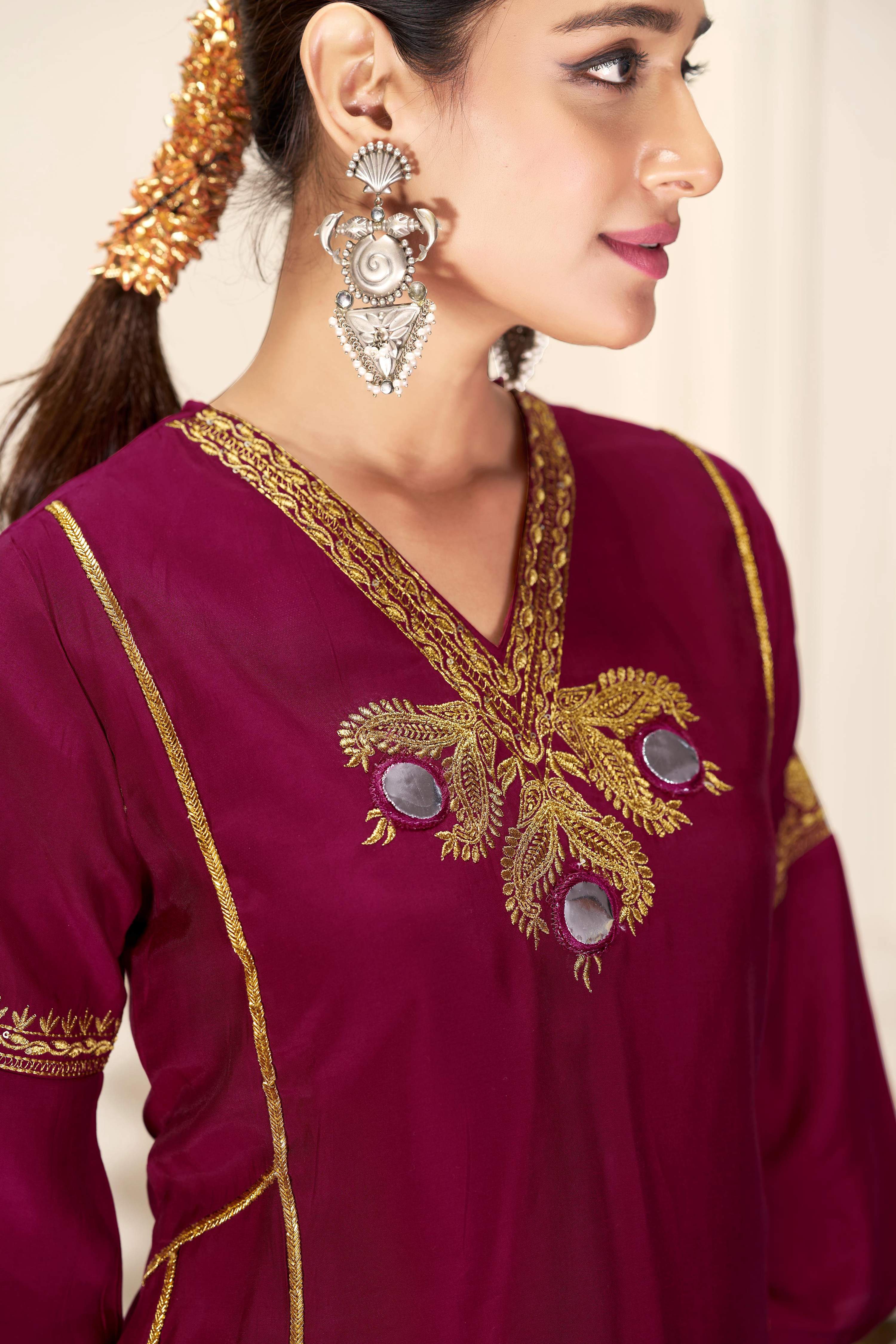 BulBul Shruti Silk Wine Kurta Set with Dupatta