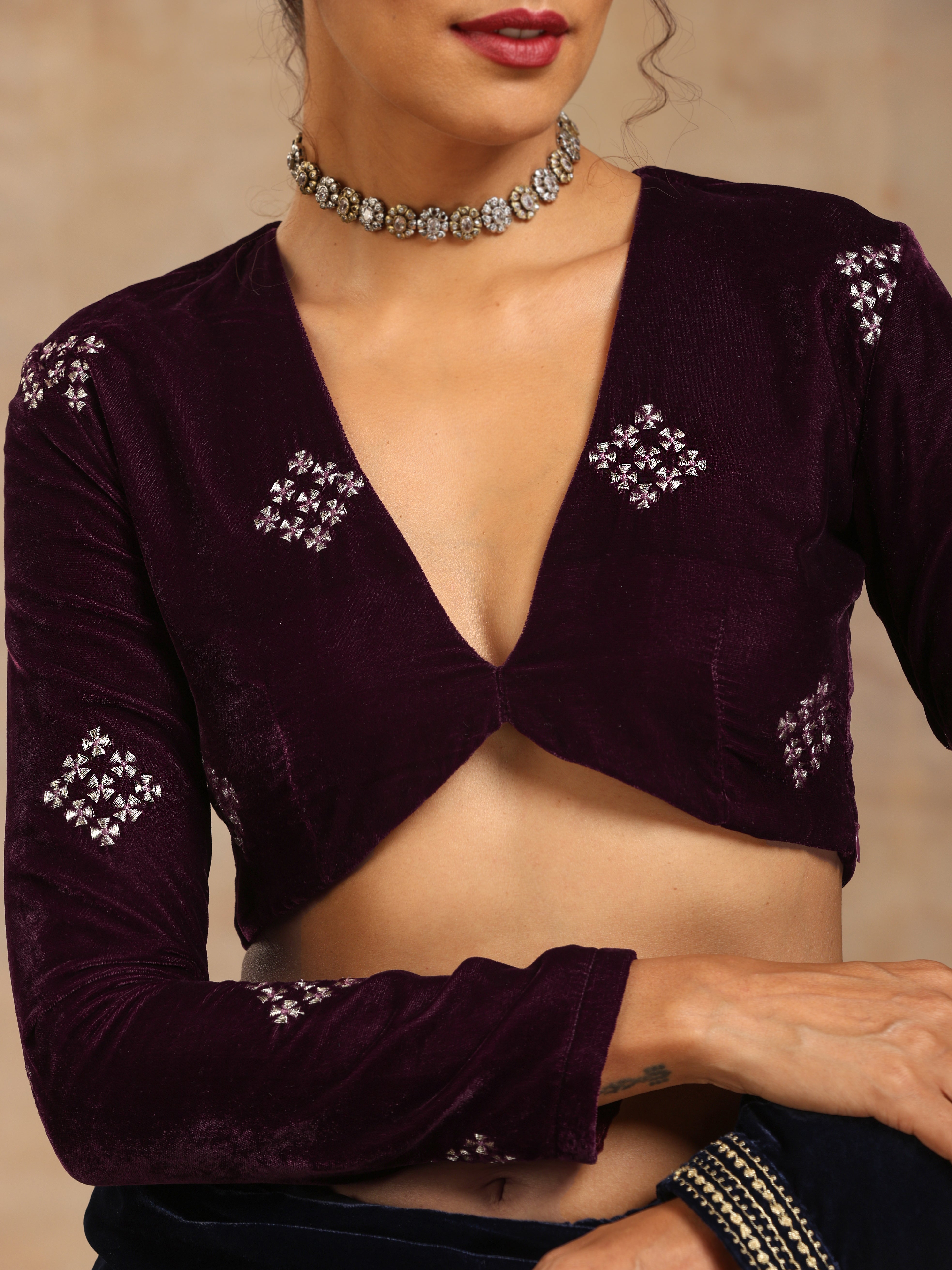 trueBrowns Wine Velvet Embroidered Blouse - Distacart