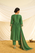 Thumbnail for BulBul Women Green Embroidered Premium Silk Angrakha Pattern Flare Suit With Dupatta