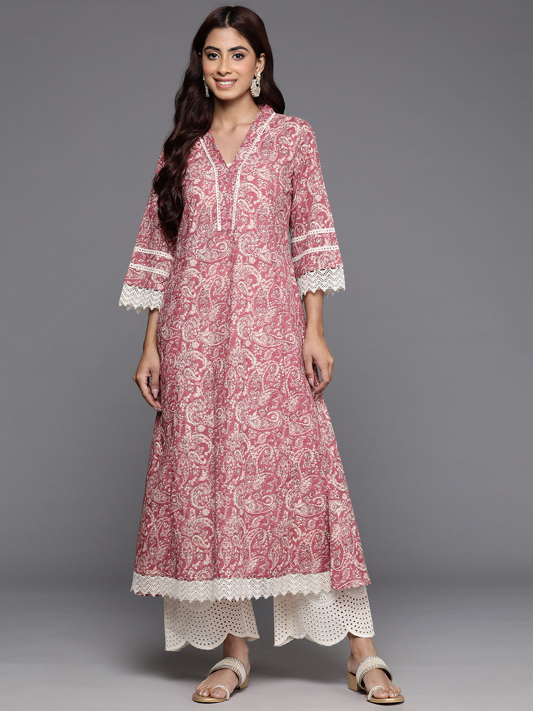 Varanga Women Peach Paisley Printed Lace Embellished A-Line Kurta - Distacart