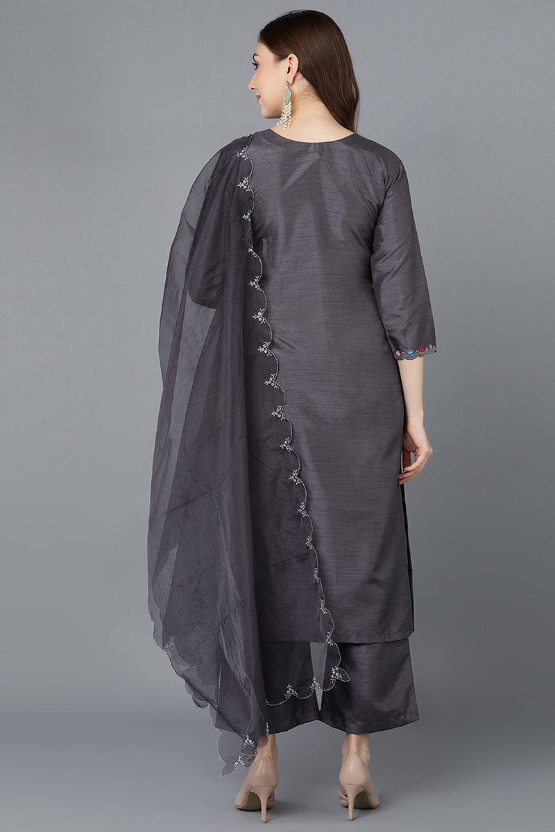 Ahika Women Charcoal Poly Silk Embroidered Kurta Trousers With Dupatta