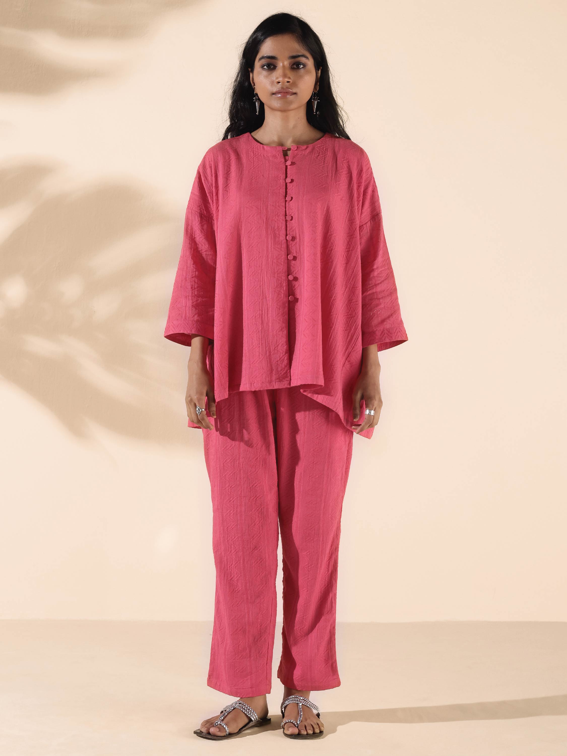 trueBrowns Pink Cotton Dobby Oversized Co-ord Set - Distacart