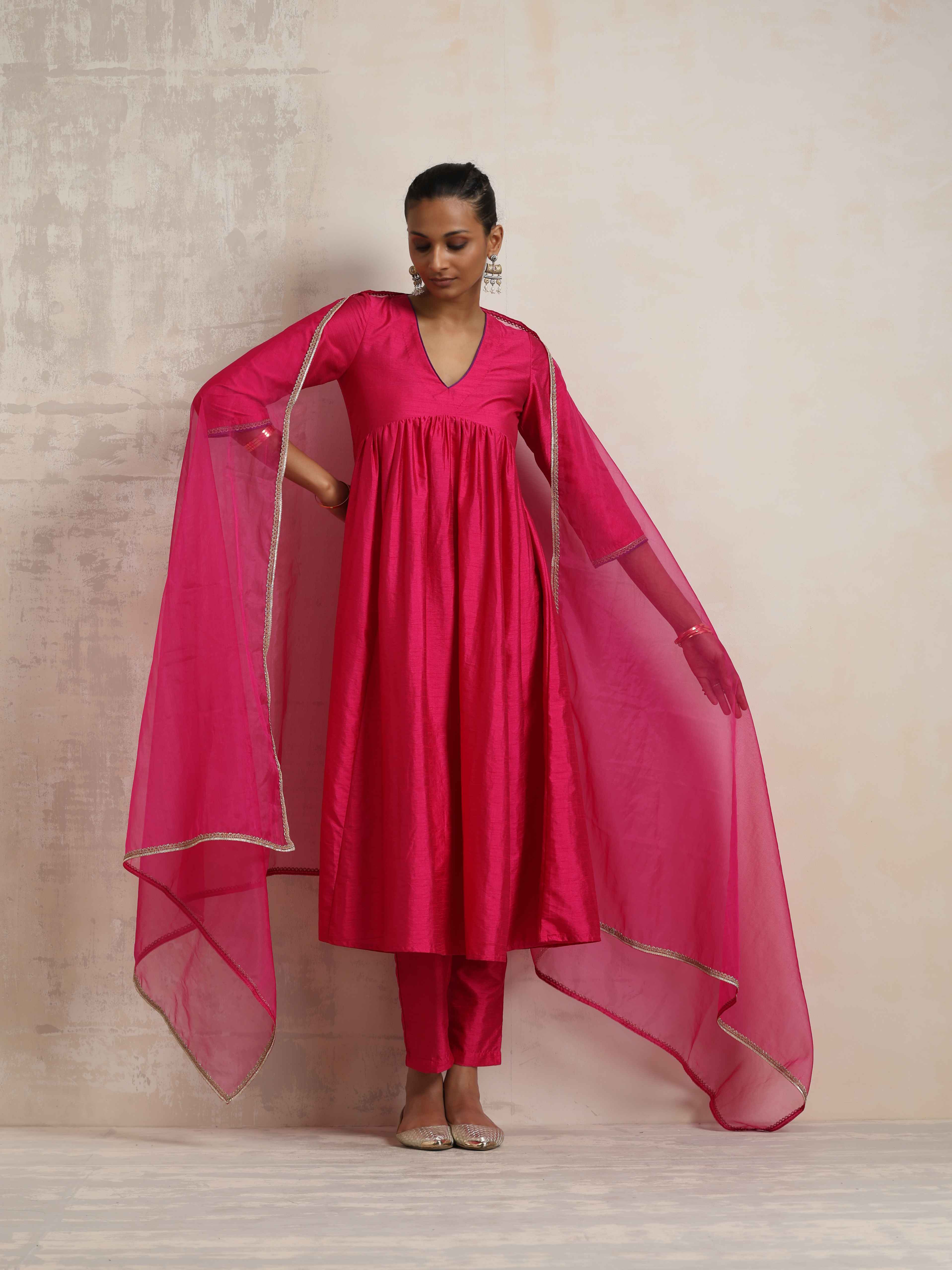 trueBrowns Pink Silk Anarkali Kurta Pant Dupatta Set - Distacart