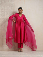 Thumbnail for trueBrowns Pink Silk Anarkali Kurta Pant Dupatta Set - Distacart
