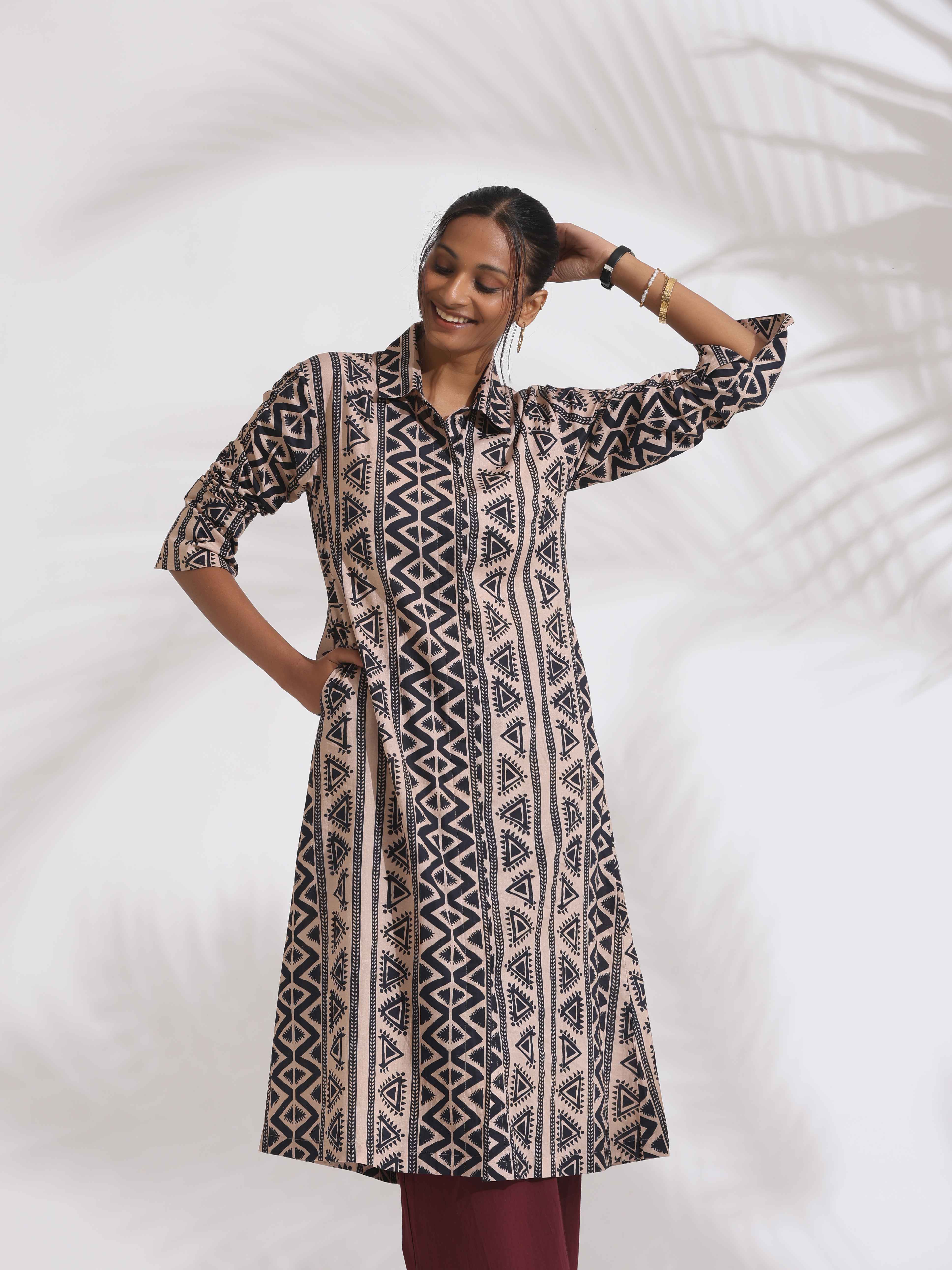trueBrowns Beige Cotton Geometric Print Shirt Kurta Set
