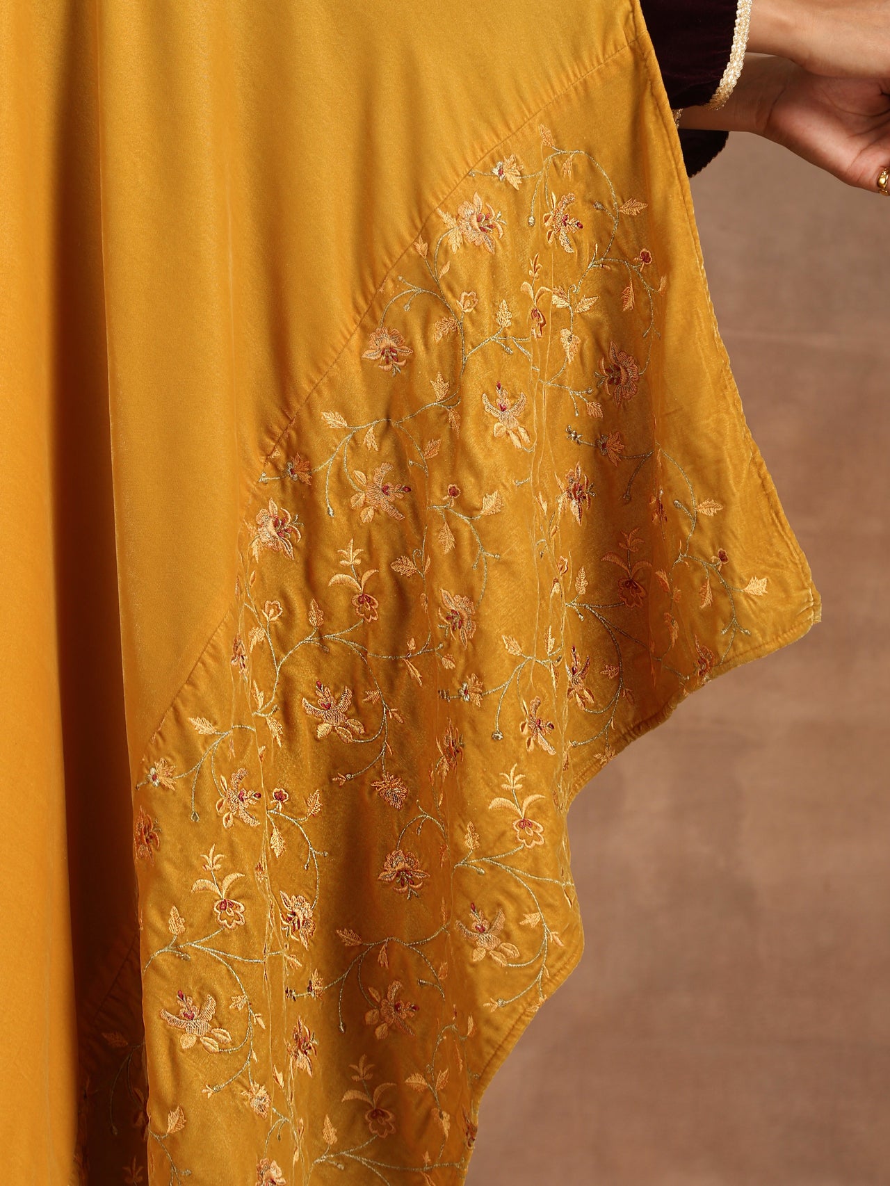 trueBrowns Mustard Velvet Embroidered Shawl - Distacart