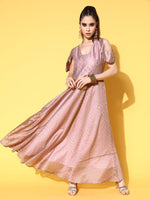 Thumbnail for Ahalyaa Chanderi Cold-Shoulders Printed Maxi Ethnic Dress - Distacart