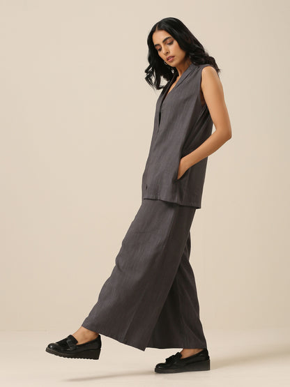 trueBrowns Slate Grey Slub Texture Sleevesless Jacket Pant Set - Distacart