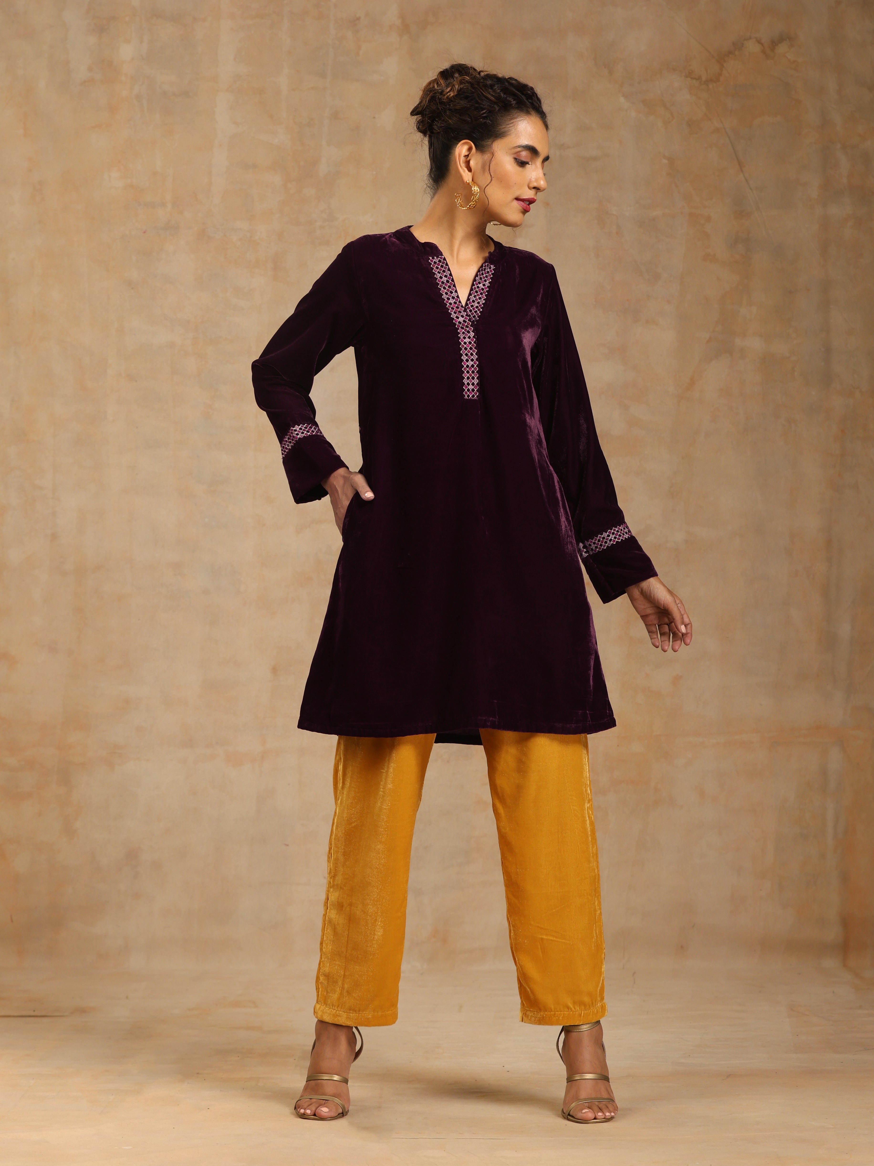 trueBrowns Wine Velvet Placket Embroidered Co-ord Set - Distacart