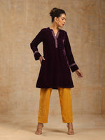 Thumbnail for trueBrowns Wine Velvet Placket Embroidered Co-ord Set - Distacart