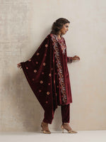Thumbnail for trueBrowns Maroon Velvet Floral Embroidered Kurta Pant Dupatta Set