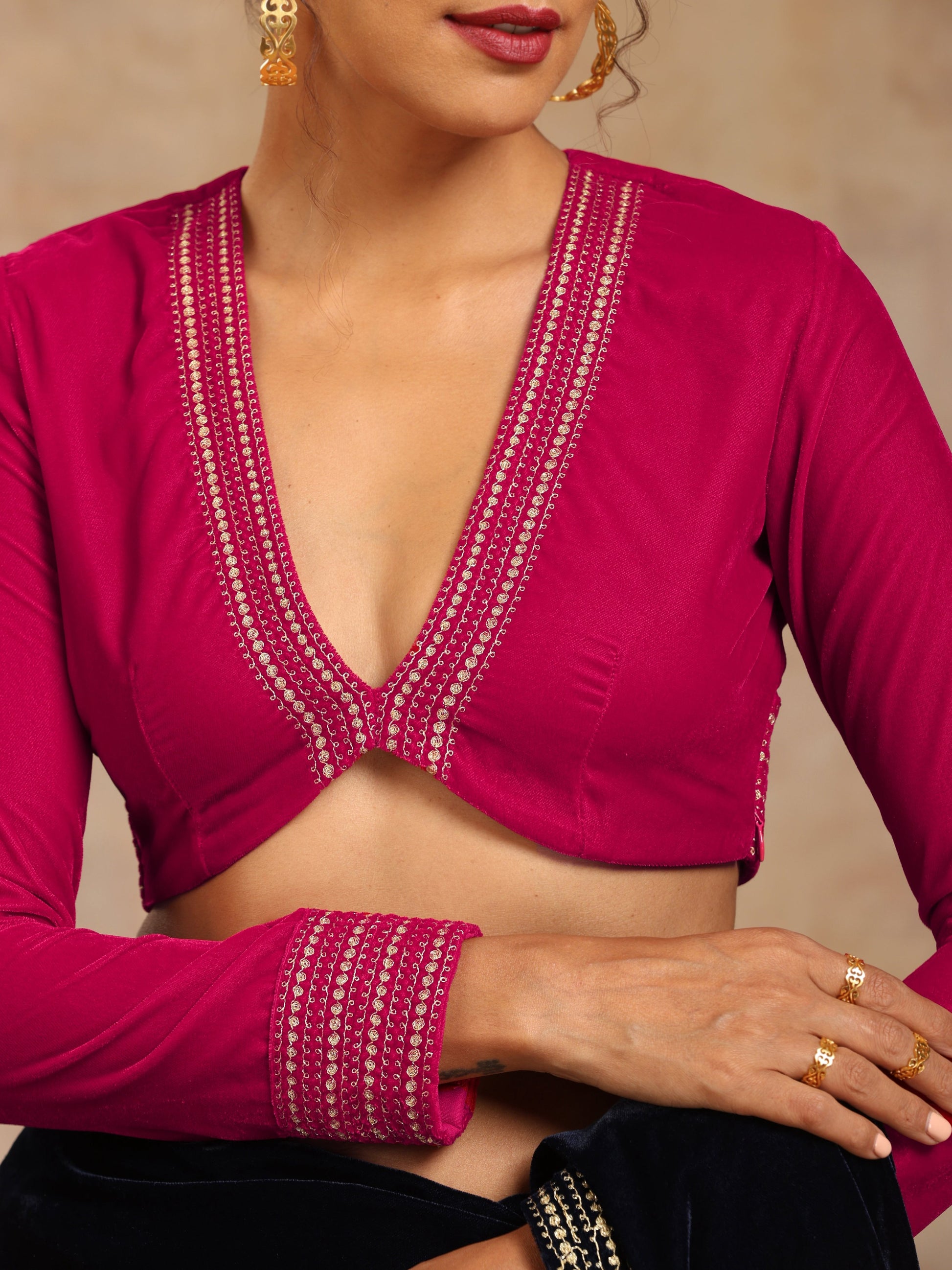 trueBrowns Rani Pink Velvet Embroidered Blouse - Distacart