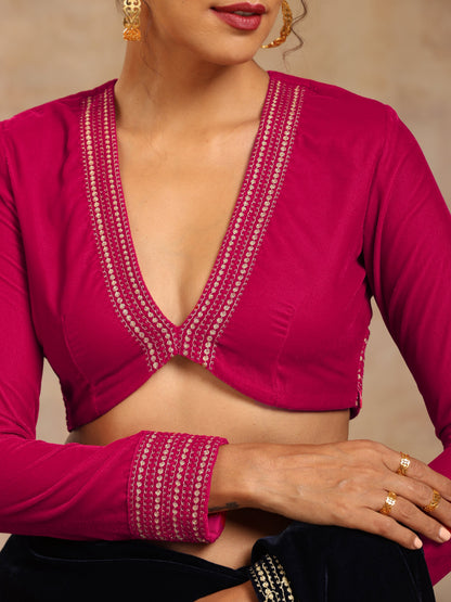 trueBrowns Rani Pink Velvet Embroidered Blouse - Distacart