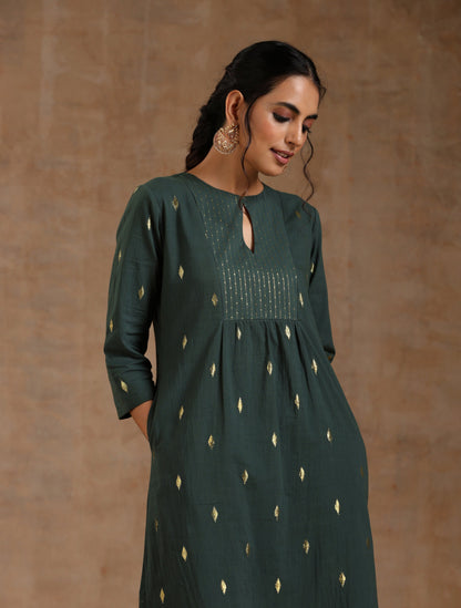 trueBrowns Dark Green Gold Cotton Yoke Kurta Set - Distacart