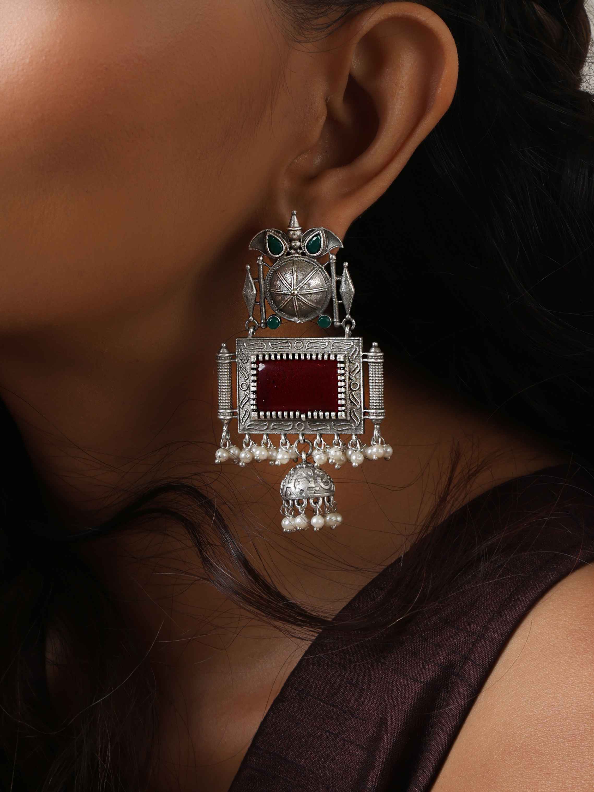 trueBrowns Silver Tone Red Stone Dangle Earrings - Distacart