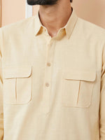 Thumbnail for Fabmade Beige Cotton Linen Pathani Kurta With Salwar