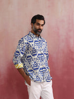 Thumbnail for trueBrowns Men's Blue Ikat Print Cambric Shirt