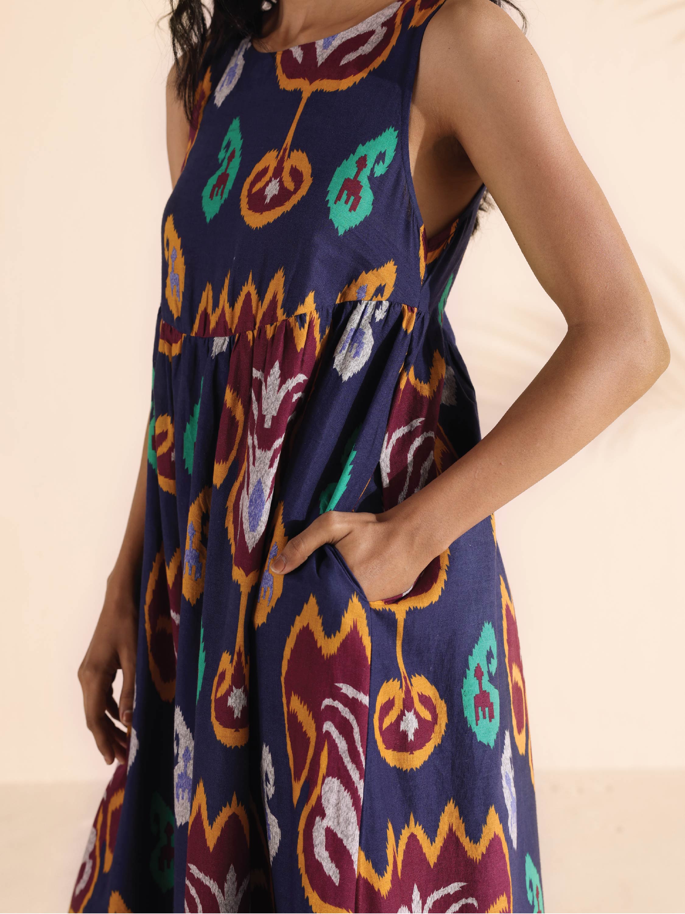 trueBrowns Purple Cotton Ikat Flared Dress - Distacart