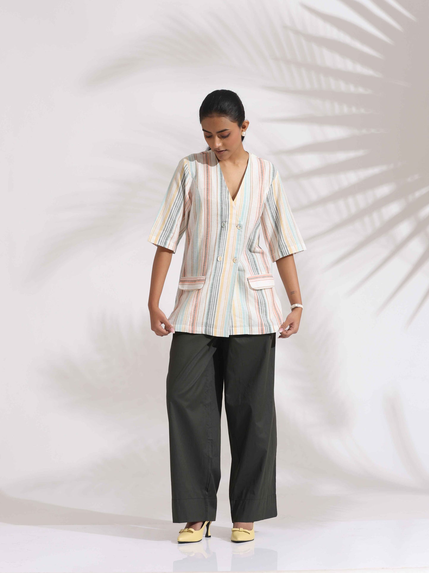 trueBrowns Off-White Cotton Stripe Jacket Top Co-ord Set - Distacart