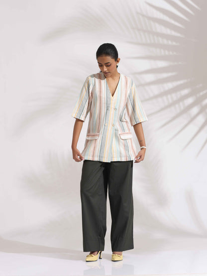 trueBrowns Off-White Cotton Stripe Jacket Top Co-ord Set - Distacart