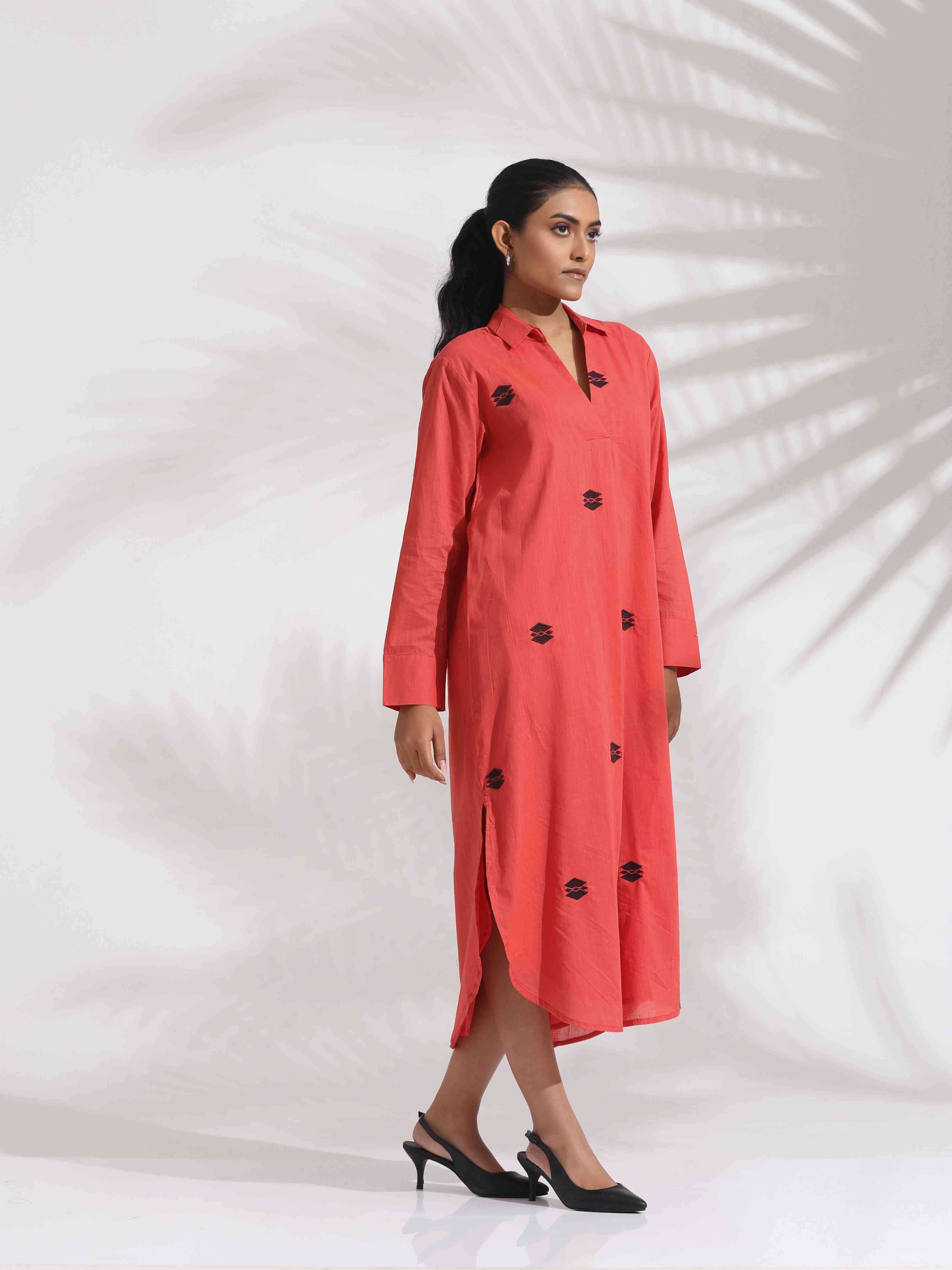 trueBrowns Orange Cotton Embroidered Flared Dress