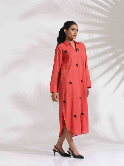 trueBrowns Orange Cotton Embroidered Flared Dress - Distacart