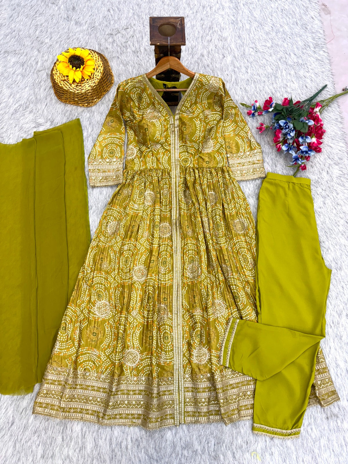 Anaita Mehendi Chinon Anarkali Readymade Suit with Embroidery & Coding Work - Dista