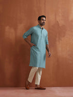 Thumbnail for trueBrowns Men's Green Textured Cotton Dobby Kurta