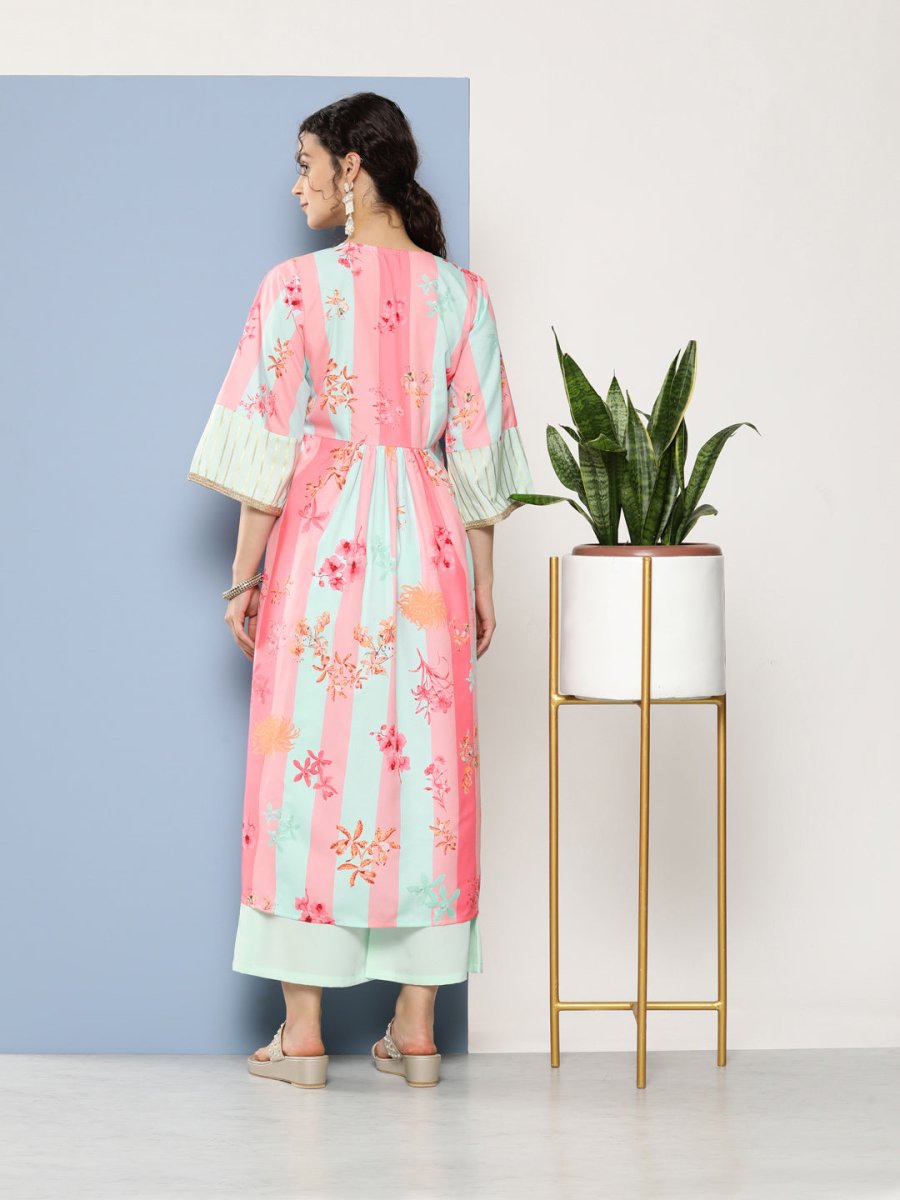 Ahalyaa Women Floral Printed Pleated Gotta Patti Kurta With Palazzos - Distacart