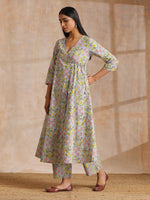 Thumbnail for trueBrowns Grey Overall Floral Block Print Cotton Angrakha Kurta Pant Set - Distacart